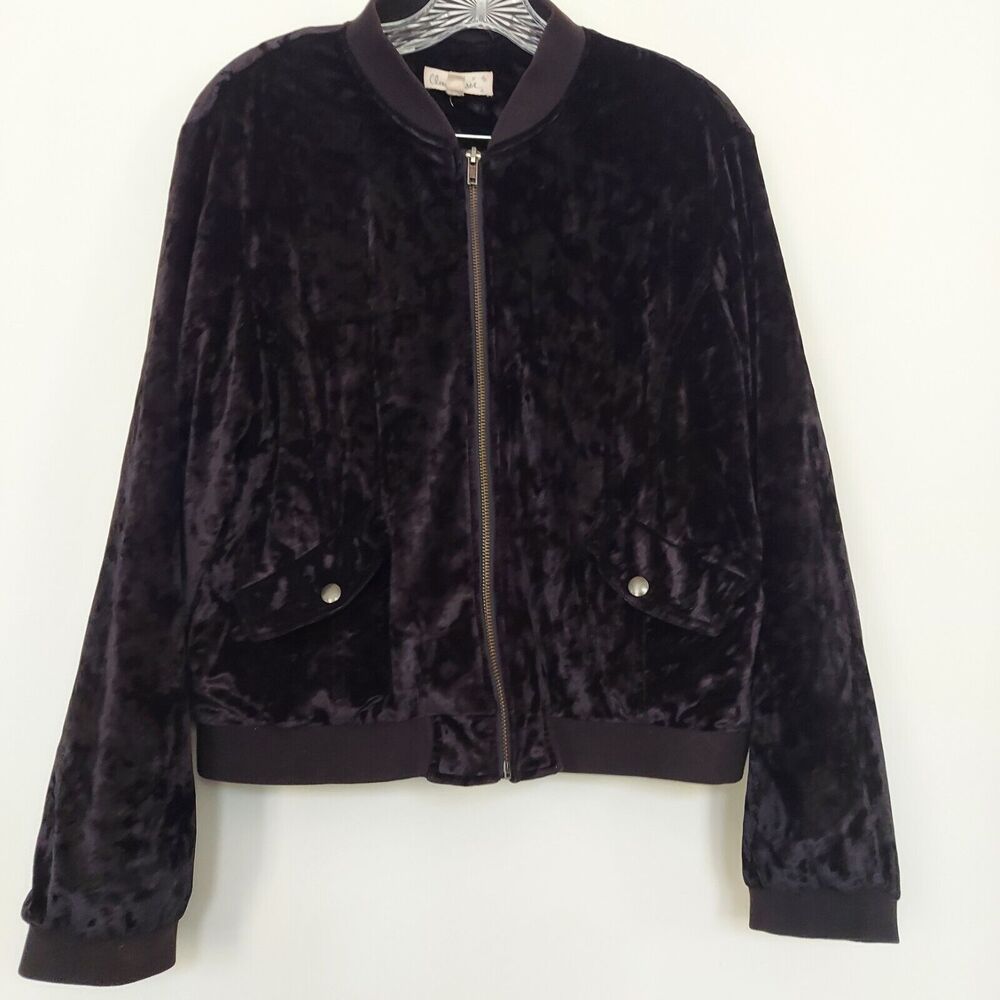Cloud Chaser Bomber Jacket Womens XL Black Crushed Velvet Full Zip Pockets Lined